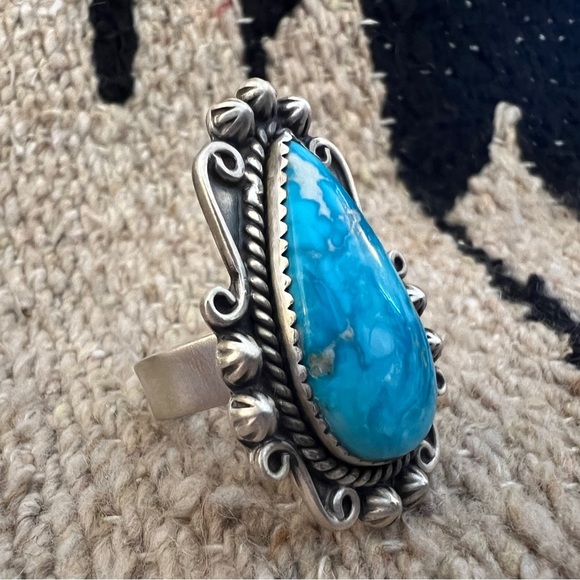 ❤️ White Water Turquoise Navajo Artisan Adjustable 1.39”L Ring 13.5G Brushed 925 - Picture 3 of 13